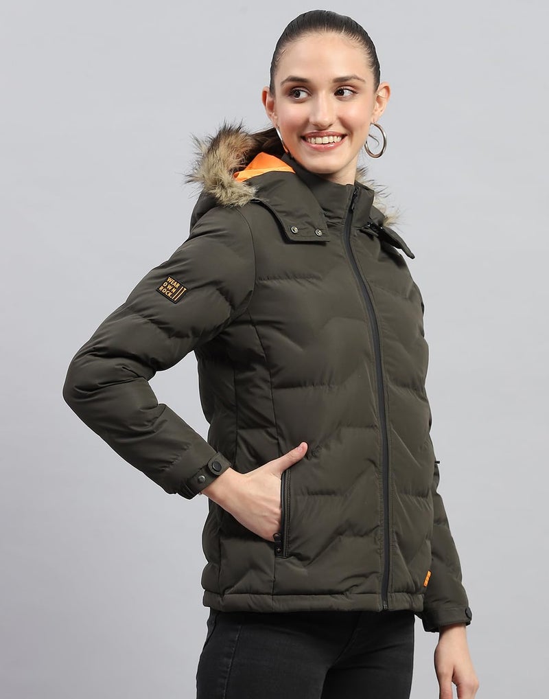 ROCKIT ROCK.IT Womens Polyester Standard Length from House of Monte Carlo Olive Solid Hooded Neck Full Sleeve Jacket (2240102636-2-42) - Image 3