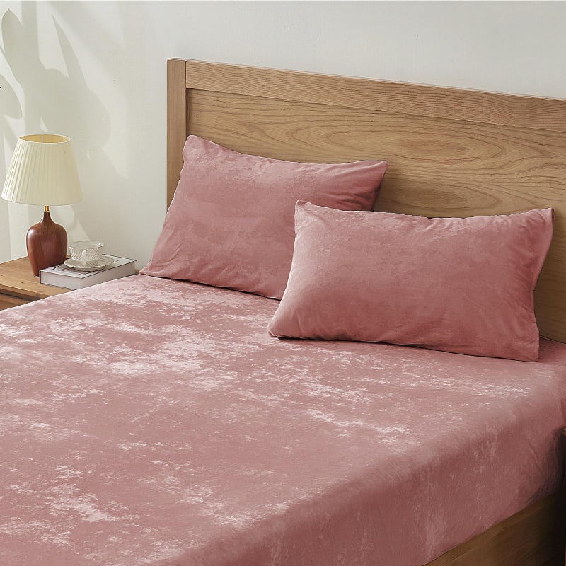 BEDELITE Velvet Fitted Sheet and Pillowcases Set, Luxury Soft Fuzzy Bottom Sheet with Reinforced Elastic Corner Straps, Deep Pocket up to 15 Inch, 1 Fitted Sheet and 2 Pillowcases (Queen, Dusty Pink) - Image 1