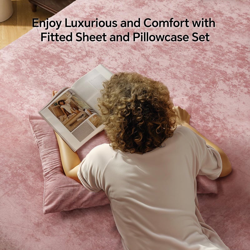 BEDELITE Velvet Fitted Sheet and Pillowcases Set, Luxury Soft Fuzzy Bottom Sheet with Reinforced Elastic Corner Straps, Deep Pocket up to 15 Inch, 1 Fitted Sheet and 2 Pillowcases (Queen, Dusty Pink) - Image 2