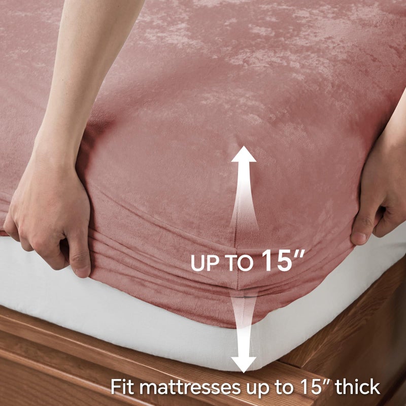 BEDELITE Velvet Fitted Sheet and Pillowcases Set, Luxury Soft Fuzzy Bottom Sheet with Reinforced Elastic Corner Straps, Deep Pocket up to 15 Inch, 1 Fitted Sheet and 2 Pillowcases (Queen, Dusty Pink) - Image 5