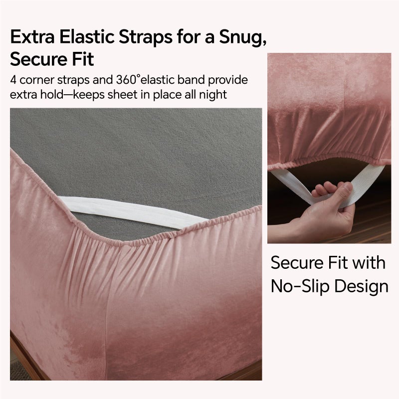 BEDELITE Velvet Fitted Sheet and Pillowcases Set, Luxury Soft Fuzzy Bottom Sheet with Reinforced Elastic Corner Straps, Deep Pocket up to 15 Inch, 1 Fitted Sheet and 2 Pillowcases (Queen, Dusty Pink) - Image 4