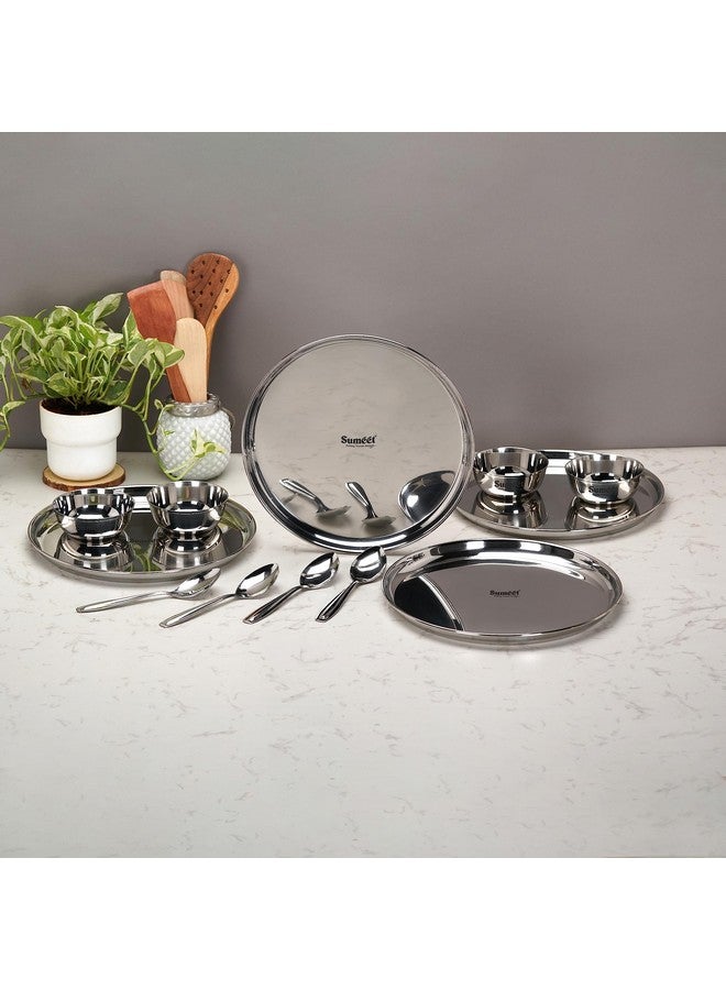 Sumeet Stainless Steel Heavy Gauge Mirror Finish Dinner set of 12 Pcs (4 Plate, 4 Bowl/Wati, 4 Spoon), Silver - Image 5