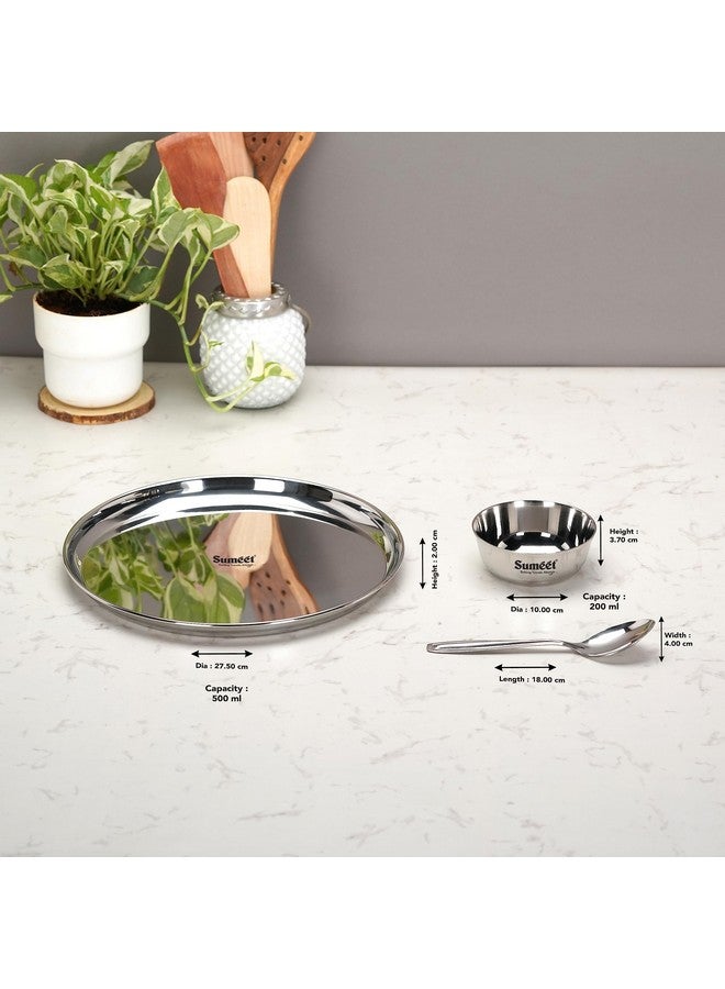 Sumeet Stainless Steel Heavy Gauge Mirror Finish Dinner set of 12 Pcs (4 Plate, 4 Bowl/Wati, 4 Spoon), Silver - Image 4