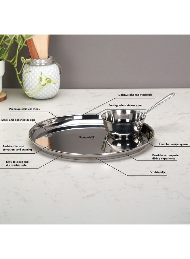 Sumeet Stainless Steel Heavy Gauge Mirror Finish Dinner set of 12 Pcs (4 Plate, 4 Bowl/Wati, 4 Spoon), Silver - Image 2