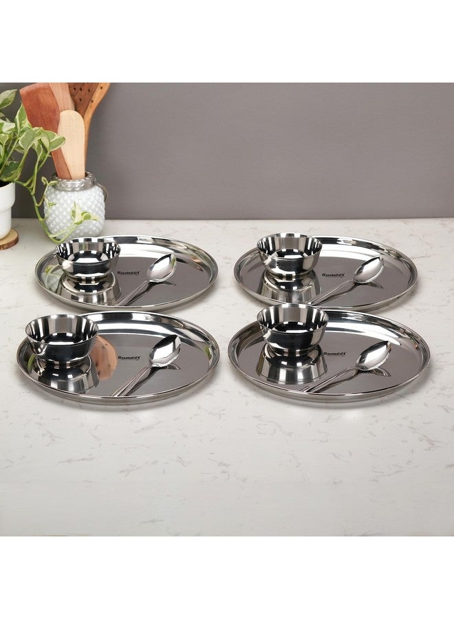 Sumeet Stainless Steel Heavy Gauge Mirror Finish Dinner set of 12 Pcs (4 Plate, 4 Bowl/Wati, 4 Spoon), Silver - Image 1