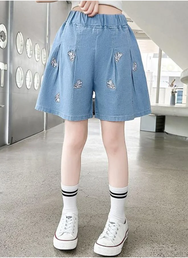 YUNIQEE Light Blue Regular Fit Mid Rise Printed Denim Shorts