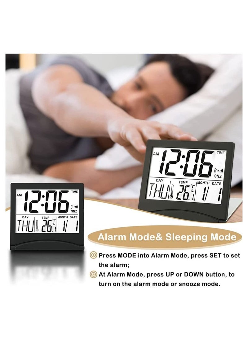 Digital Travel Alarm Clock, 2 Pieces Foldable Calendar and Temperature and Timer LCD Clock with Snooze Mode, Large Number Display, Multifunction Small Portable Clock Desk Clock (Black, Silver)
