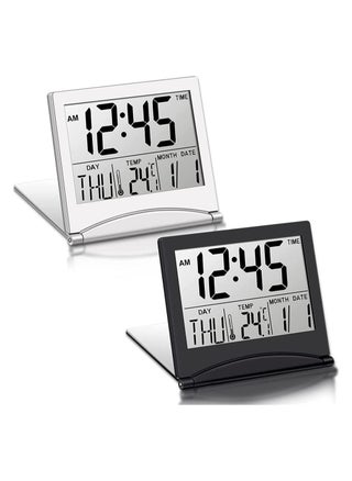 Digital Travel Alarm Clock, 2 Pieces Foldable Calendar and Temperature and Timer LCD Clock with Snooze Mode, Large Number Display, Multifunction Small Portable Clock Desk Clock (Black, Silver) - pzsku/Z49278E1A7166D97EA164Z/45/_/1663249760/ef20d424-0eaf-4b43-aa07-110123c502ad