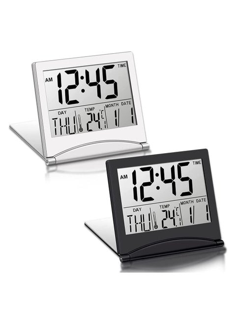 Digital Travel Alarm Clock, 2 Pieces Foldable Calendar and Temperature and Timer LCD Clock with Snooze Mode, Large Number Display, Multifunction Small Portable Clock Desk Clock (Black, Silver)