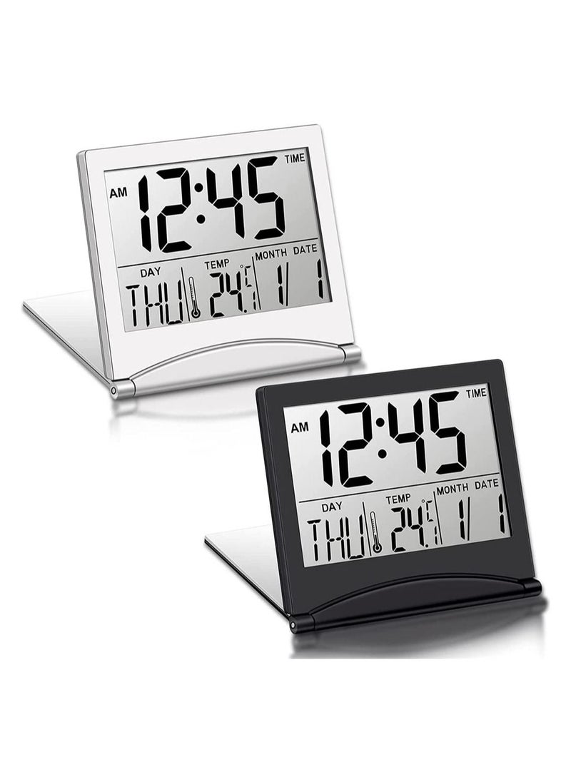 Digital Travel Alarm Clock, 2 Pieces Foldable Calendar and Temperature and Timer LCD Clock with Snooze Mode, Large Number Display, Multifunction Small Portable Clock Desk Clock (Black, Silver)