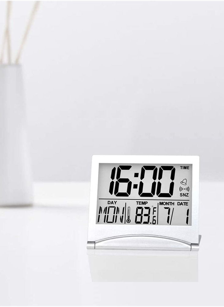 Digital Travel Alarm Clock, 2 Pieces Foldable Calendar and Temperature and Timer LCD Clock with Snooze Mode, Large Number Display, Multifunction Small Portable Clock Desk Clock (Black, Silver)
