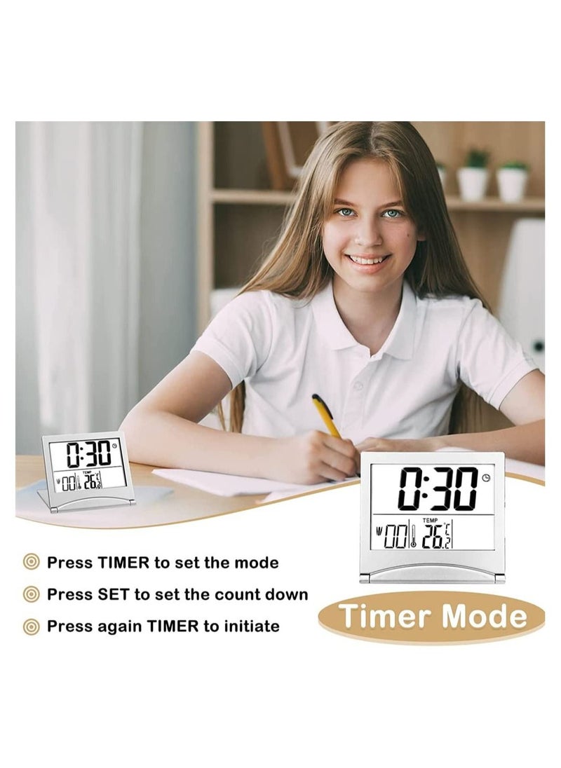 Digital Travel Alarm Clock, 2 Pieces Foldable Calendar and Temperature and Timer LCD Clock with Snooze Mode, Large Number Display, Multifunction Small Portable Clock Desk Clock (Black, Silver)