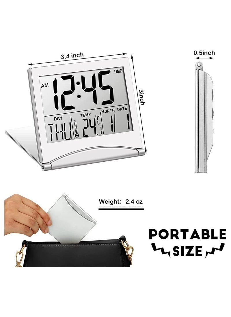 Digital Travel Alarm Clock, 2 Pieces Foldable Calendar and Temperature and Timer LCD Clock with Snooze Mode, Large Number Display, Multifunction Small Portable Clock Desk Clock (Black, Silver)