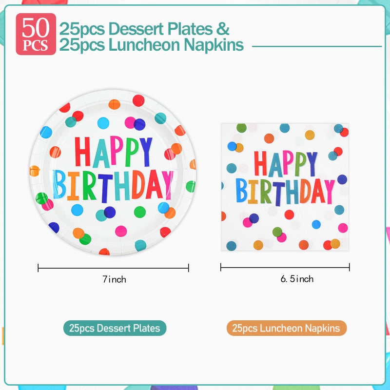 Hfbobp 50Pcs Happy Birthday Plates And Napkins  7Inch Colorful Dots Birthday Cake Dessert Plates Disposable Paper D1Innerware Set For Birthday 'S Party Supplies Decorations - Image 3
