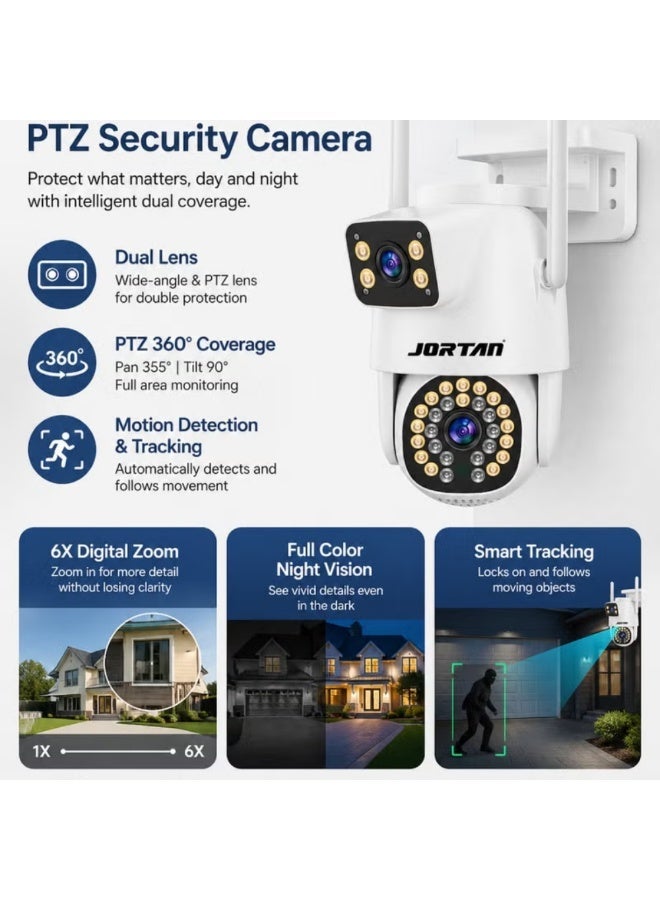 Jortan 8MP Dual Lens WiFi PTZ Security Camera, Dual Monitoring, Full Color & IR Night Vision, Two-Way Audio, Motion Detection, Auto Tracking, IP66 Waterproof, 360° PTZ Outdoor Surveillance Camera - Image 2