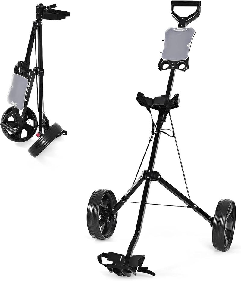 GYMAX Golf Cart, 2 Wheel Golf Push Cart with 9.5” Wear-Resistant Rubber Wheels, Elastic Strap & Scoreboard, Folding Lightweight Portable Golf Caddy Cart for Teens Adults - Image 1