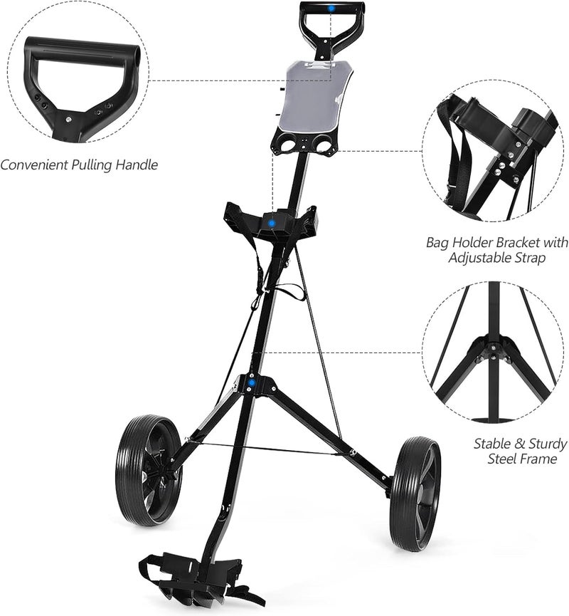 GYMAX Golf Cart, 2 Wheel Golf Push Cart with 9.5” Wear-Resistant Rubber Wheels, Elastic Strap & Scoreboard, Folding Lightweight Portable Golf Caddy Cart for Teens Adults - Image 3
