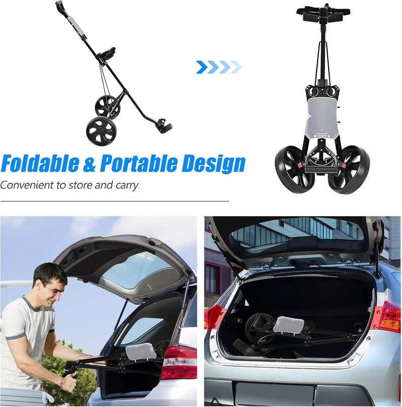 GYMAX Golf Cart, 2 Wheel Golf Push Cart with 9.5” Wear-Resistant Rubber Wheels, Elastic Strap & Scoreboard, Folding Lightweight Portable Golf Caddy Cart for Teens Adults - Image 5