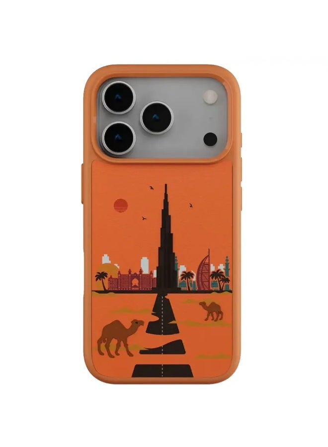 ليفيلو فالو غطاء جلد PU بتصميم دبي مع تشطيب تطريز لهاتف آيفون 17 برو – برتقالي شروق الشمس - Image 2