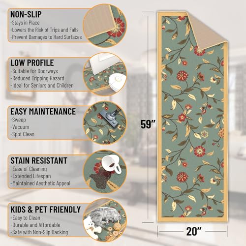 Ottomanson Hallway Runner Rug 20" x 59" Non Slip Floral Area Rugs Easy to Clean Laundry Rug Runner Durable Floor Carpet Runners for Hallways Entryway Living Room Kitchen Bathroom, Seafoam Green - Image 2
