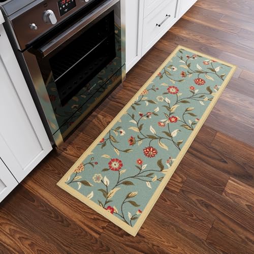Ottomanson Hallway Runner Rug 20" x 59" Non Slip Floral Area Rugs Easy to Clean Laundry Rug Runner Durable Floor Carpet Runners for Hallways Entryway Living Room Kitchen Bathroom, Seafoam Green - Image 1