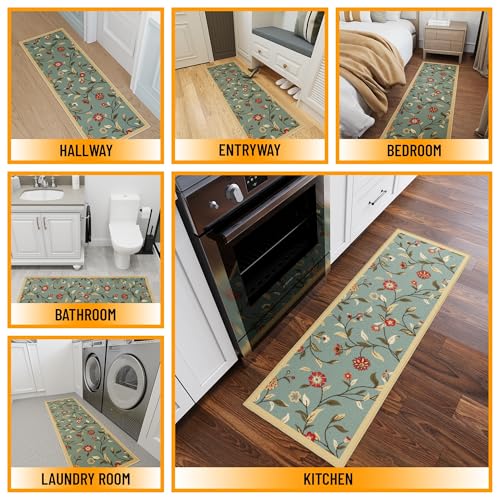 Ottomanson Hallway Runner Rug 20" x 59" Non Slip Floral Area Rugs Easy to Clean Laundry Rug Runner Durable Floor Carpet Runners for Hallways Entryway Living Room Kitchen Bathroom, Seafoam Green - Image 3