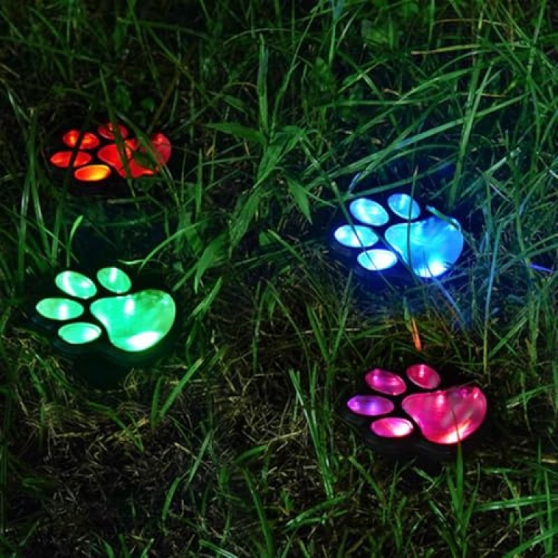 Solar Paw Print Lights Set Of 4 Multicolor ABS Plastic Solar Powered Outdoor Lights - Playful Design For Pet Lovers Garden Decor Pathway Lawns - Image 1