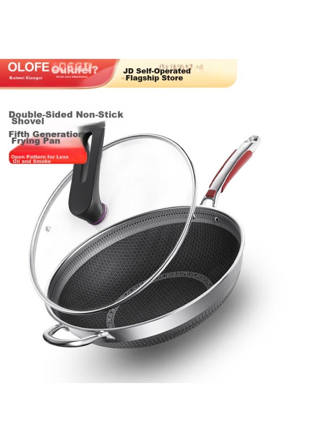 Olofe 316l Stainless Steel Wok, Honeycomb Flat Bottom Frying And Stewing Pan, Non-stick Stir-fry Cooking Pan, Compatible With Gas Stoves, 36cm - Image 1