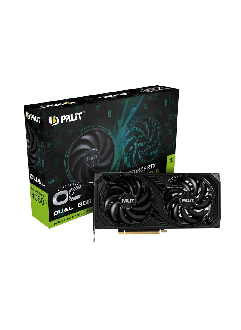 Palit - بطاقة رسوميات NVIDIA GeForce RTX™ 4060 Ti Dual OC سعة 8 جيجابايت، ذاكرة رسوميات GDDR6، G-SYNC®، نواة 4352 CUDA، تردد تعزيز 2685 ميجاهرتز، 18 جيجابت في الثانية، واجهة 128 بت، PCI Gen 4، DP 1.4a x 3، HDMI 2.1a x 1 - Image 1