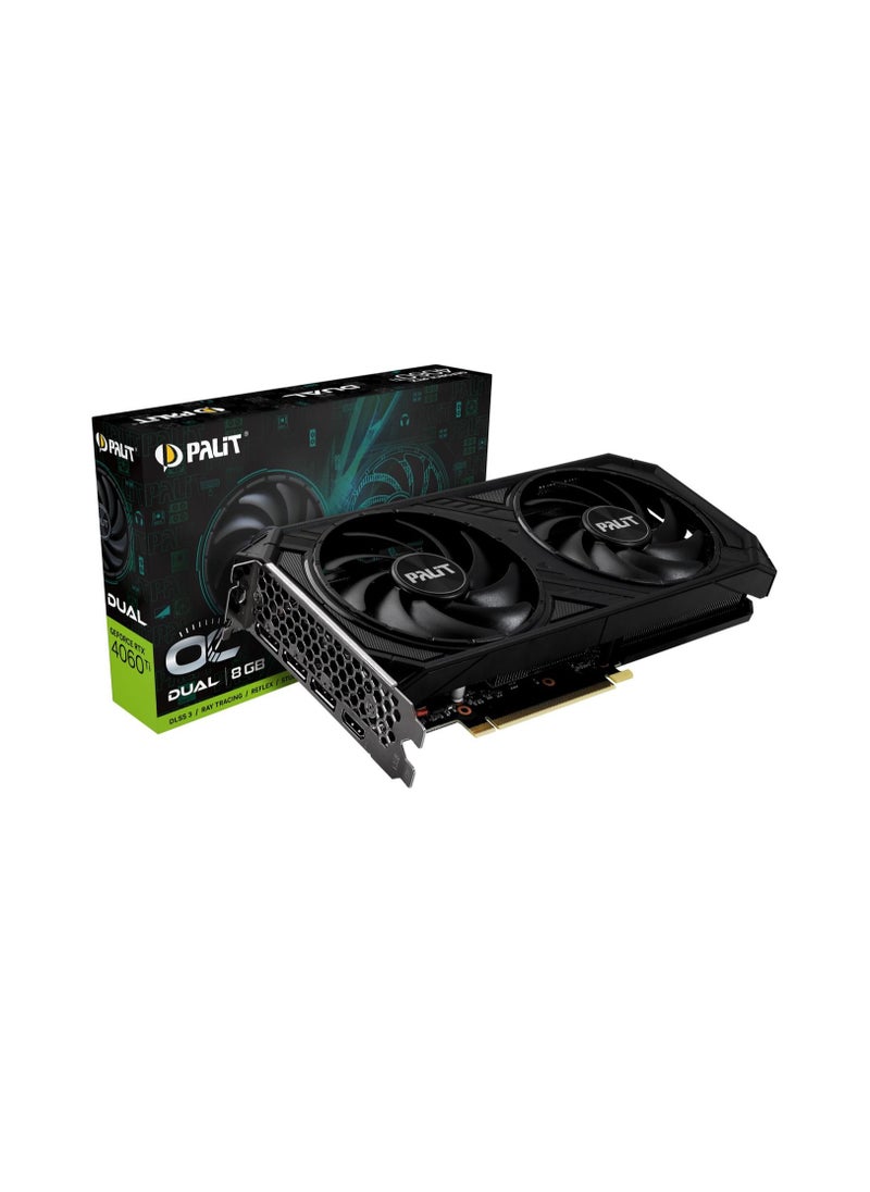 Palit - بطاقة رسوميات NVIDIA GeForce RTX™ 4060 Ti Dual OC سعة 8 جيجابايت، ذاكرة رسوميات GDDR6، G-SYNC®، نواة 4352 CUDA، تردد تعزيز 2685 ميجاهرتز، 18 جيجابت في الثانية، واجهة 128 بت، PCI Gen 4، DP 1.4a x 3، HDMI 2.1a x 1 - Image 1