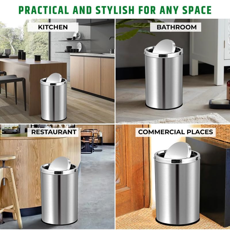 ROBUSTT سلة مهملات بغطاء متأرجح 80 لتر من الفولاذ المقاوم للصدأ فضي 12 بوصة عرض × 28 بوصة ارتفاع - Image 5