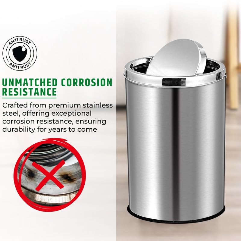 ROBUSTT سلة مهملات بغطاء متأرجح 80 لتر من الفولاذ المقاوم للصدأ فضي 12 بوصة عرض × 28 بوصة ارتفاع - Image 3