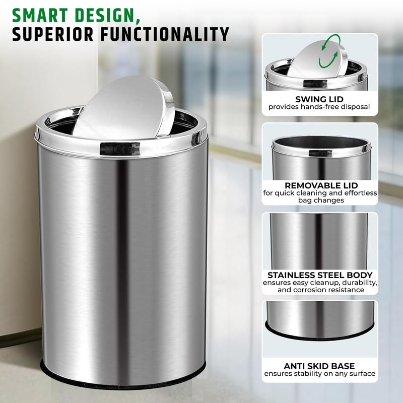 ROBUSTT سلة مهملات بغطاء متأرجح 80 لتر من الفولاذ المقاوم للصدأ فضي 12 بوصة عرض × 28 بوصة ارتفاع - Image 2