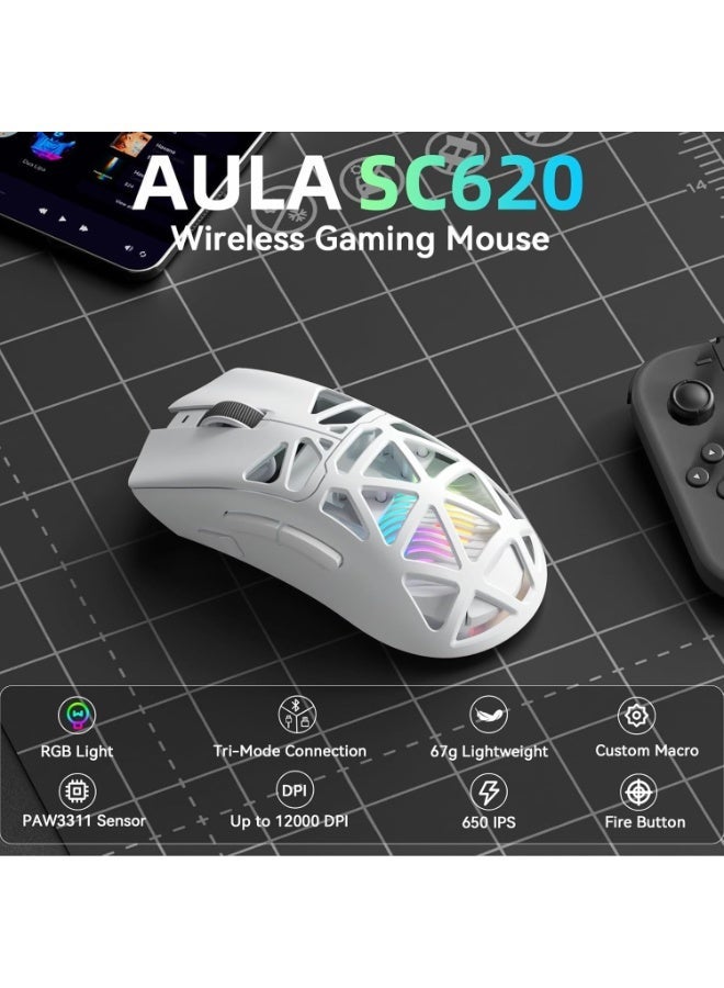 AULA SC620 Wireless Gaming Mouse, 3 Modes, BT/2.4G/Wired, PAW3311 Sensor, Up to 12000DPI, Lightweight 67g, 7 Programmable Buttons with RGB Lighting and Rechargeable Battery (White) - Image 2