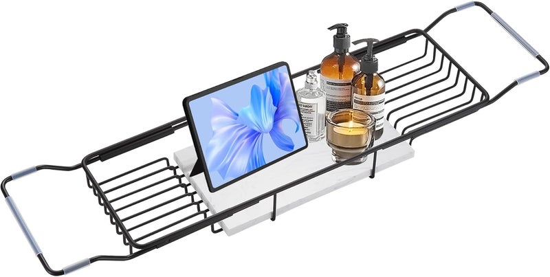 BVL Bathtub Tray Stainless Steel with Marble Base Matte Black Bathtub Tray with White Marble Base Adjustable & Rustproof Bath Caddy for Spa, Relaxation, Bath Bombs - Image 1