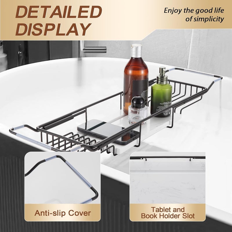 BVL Bathtub Tray Stainless Steel with Marble Base Matte Black Bathtub Tray with White Marble Base Adjustable & Rustproof Bath Caddy for Spa, Relaxation, Bath Bombs - Image 4