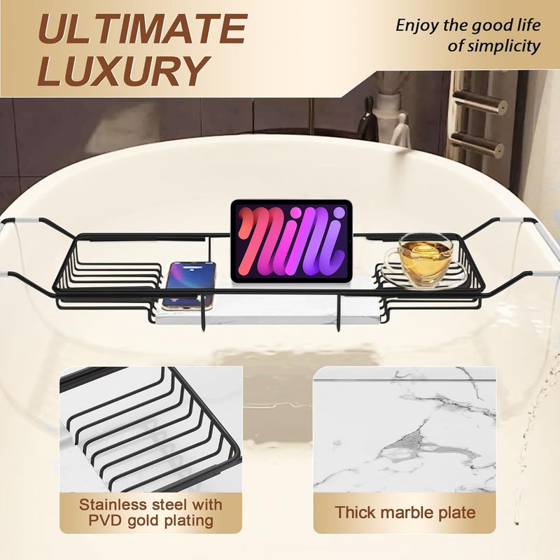 BVL Bathtub Tray Stainless Steel with Marble Base Matte Black Bathtub Tray with White Marble Base Adjustable & Rustproof Bath Caddy for Spa, Relaxation, Bath Bombs - Image 2