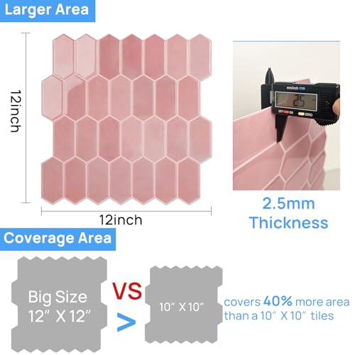 WalDecoo Peel and Stick Tile for Kitchen, Thicker Design 3D Self -Adhesive Long Hexagon Wall Tile Backsplash, Pink 10-Sheet 12"x12" Stick on Tiles, Peel and Stick Wall Tiles for Kitchen - Image 5