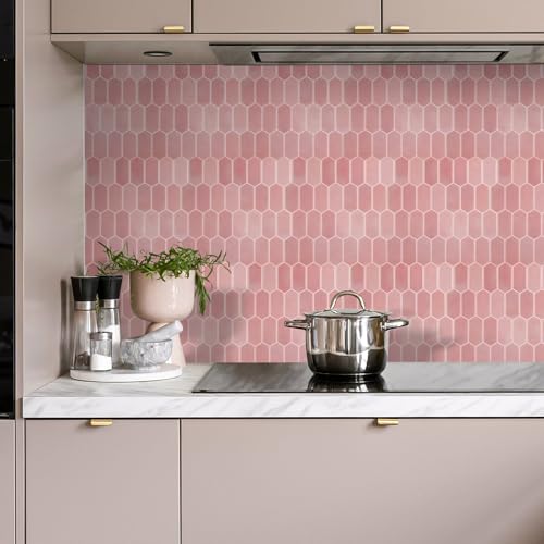 WalDecoo Peel and Stick Tile for Kitchen, Thicker Design 3D Self -Adhesive Long Hexagon Wall Tile Backsplash, Pink 10-Sheet 12"x12" Stick on Tiles, Peel and Stick Wall Tiles for Kitchen - Image 2