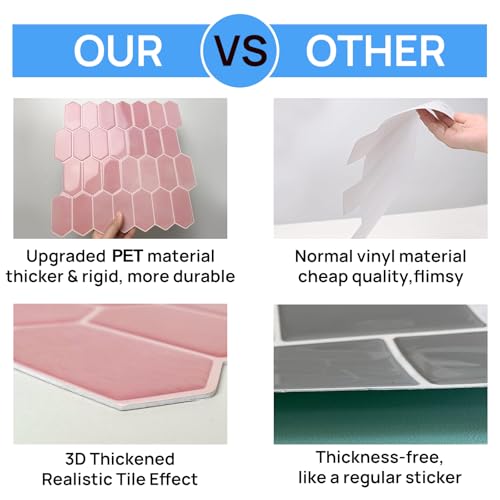 WalDecoo Peel and Stick Tile for Kitchen, Thicker Design 3D Self -Adhesive Long Hexagon Wall Tile Backsplash, Pink 10-Sheet 12"x12" Stick on Tiles, Peel and Stick Wall Tiles for Kitchen - Image 4
