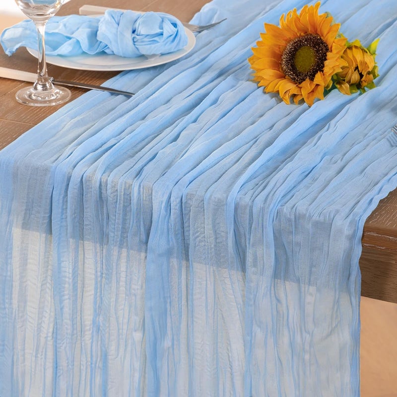 DeZerlor Baby Blue Cheesecloth Table Runner Spring Table Runner Boho Gauze 120 Inches Light Blue Table Decor for Wedding Bridal Baby Shower Valentine's Day - Image 1