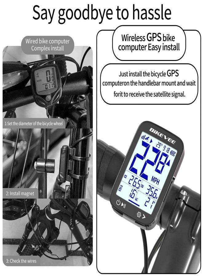 عداد سرعة الدراجة Bikevee، كمبيوتر لاسلكي للدراجات مزود بنظام تحديد المواقع العالمي (GPS) - تشغيل/إيقاف تلقائي، إضاءة خلفية تلقائية، مقاوم للماء، عداد مسافة الدراجة بالكيلومترات/أمبير/ساعة، شاشة LCD مقاس 2.4 بوصة، حامل أمامي قابل للتمديد - أسود - Image 3