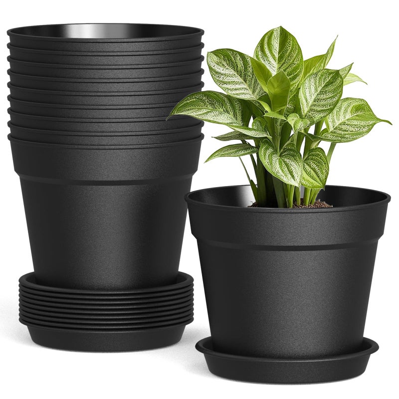 SwinDuck 10 Pack 6 Inch Plant Pots with Drainage and Saucers, Black Plastic Flower Pots for Indoor and Outdoor Plants, Stackable Nursery Planters for Houseplants and Herbs, Black - Image 1