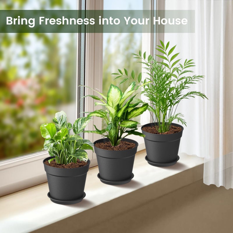SwinDuck 10 Pack 6 Inch Plant Pots with Drainage and Saucers, Black Plastic Flower Pots for Indoor and Outdoor Plants, Stackable Nursery Planters for Houseplants and Herbs, Black - Image 2
