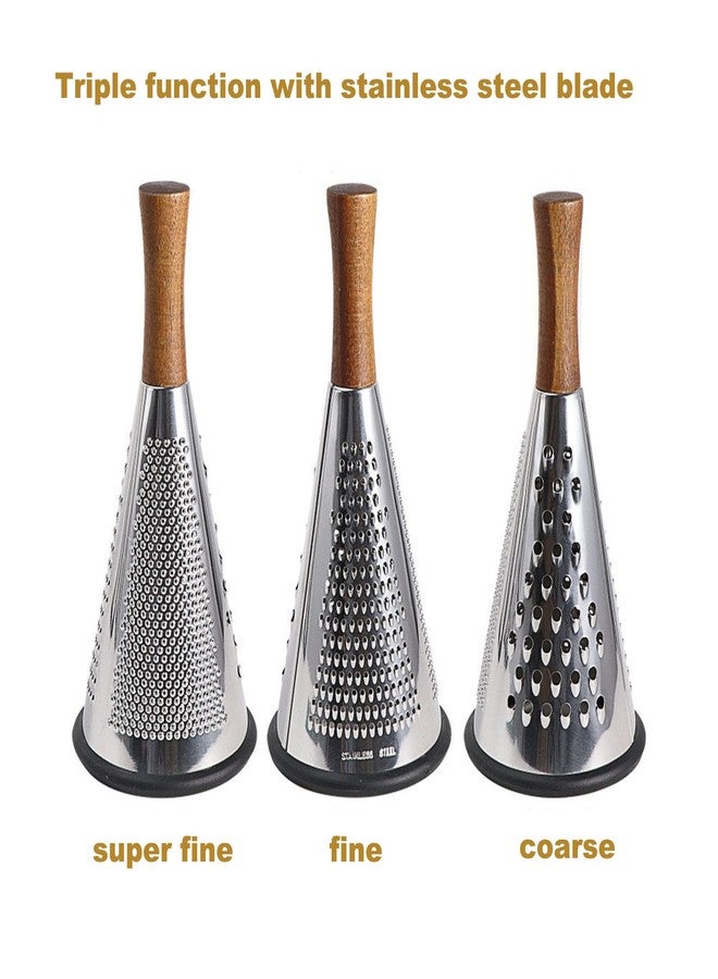 ROQILA Cone Cheese Grater with Handle - Stainless Steel Triple Function Wood Handle Parmesan Shaver Non-Slip Rubber Bottom Hand Held Multifunction Vegetables Cheese Grater with container(XL:11.8" X 5.1") - Image 5