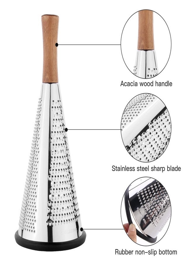ROQILA Cone Cheese Grater with Handle - Stainless Steel Triple Function Wood Handle Parmesan Shaver Non-Slip Rubber Bottom Hand Held Multifunction Vegetables Cheese Grater with container(XL:11.8" X 5.1") - Image 2