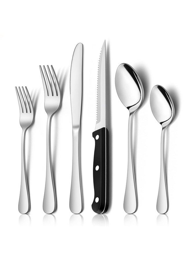 E-far طقم أدوات مائدة من 24 قطعة مع سكاكين ستيك من الفولاذ المقاوم للصدأ، أدوات مائدة بسيطة التصميم وبتشطيب مرآة، آمنة للغسالة، لأربعة أشخاص: ملاعق، شوك، سكاكين للمنزل والمطبخ. - Image 1