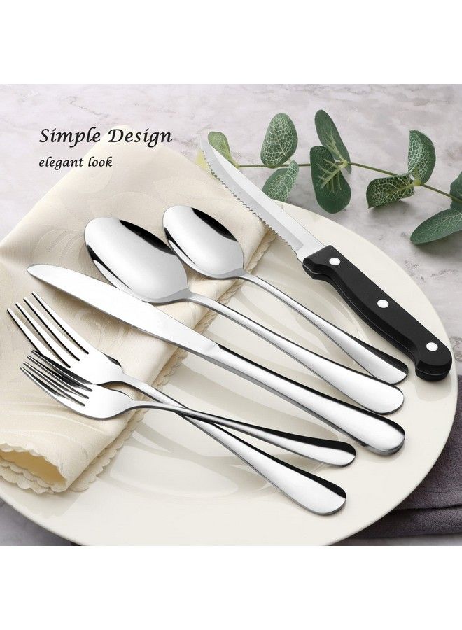 E-far طقم أدوات مائدة من 24 قطعة مع سكاكين ستيك من الفولاذ المقاوم للصدأ، أدوات مائدة بسيطة التصميم وبتشطيب مرآة، آمنة للغسالة، لأربعة أشخاص: ملاعق، شوك، سكاكين للمنزل والمطبخ. - Image 4