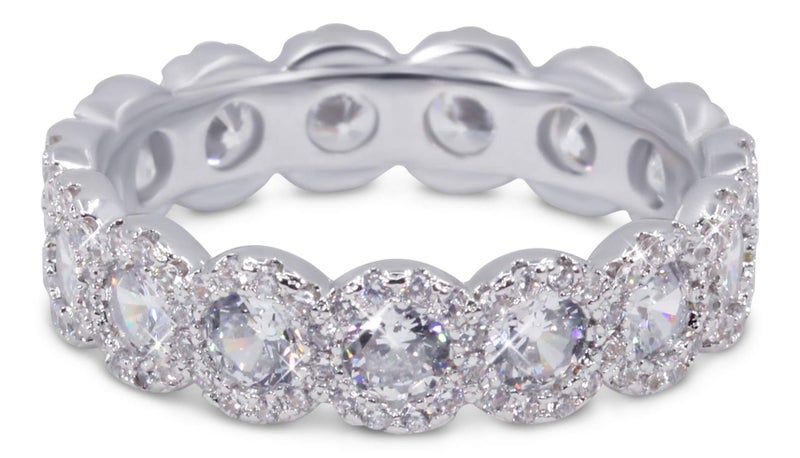 Savlano 18K White Gold Plated Cubic Zirconia Round Cut Eternity Ring Band for Women (9) - Image 3