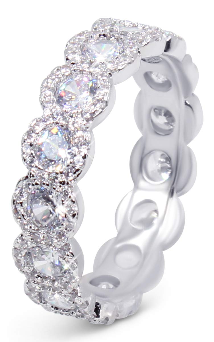 Savlano 18K White Gold Plated Cubic Zirconia Round Cut Eternity Ring Band for Women (9) - Image 1